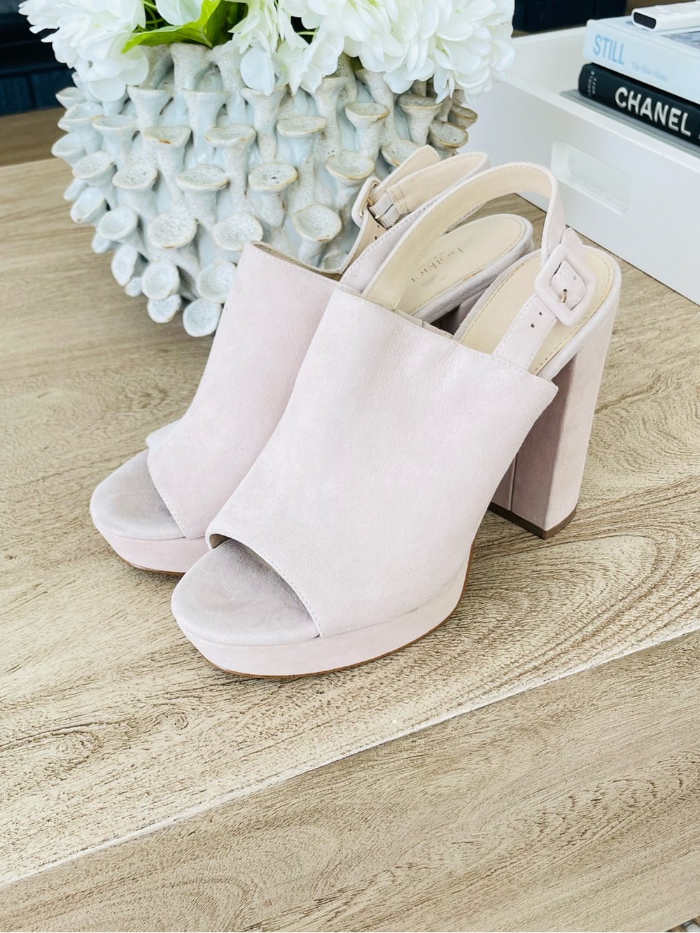Botkier New York Suede Block‑Heel Slingback Sandals – Blush Beige (Size 8)